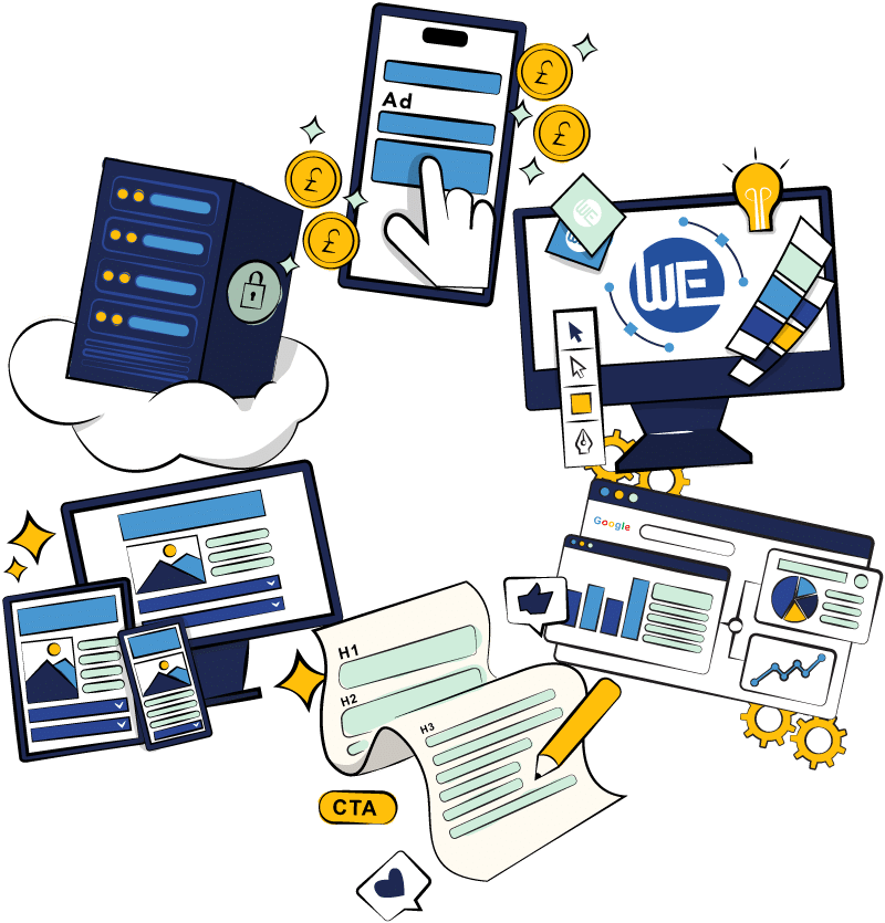 Various digital marketing illustrations grouped together to show all the services we offer
