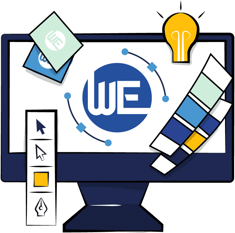 An illustration of a mac computer and various graphic design icons