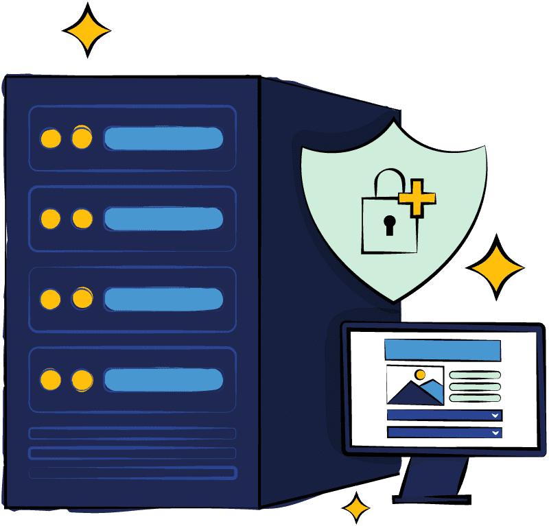 A server, a computer and a padlock together to illustrate website hosting and maintenance services