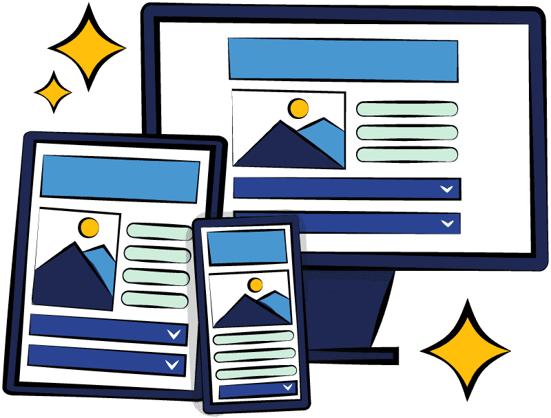 A desktop, tablet and mobile device all showing a website to illustrate WordPress website design services