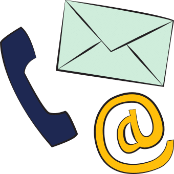 An illustration of a telephone, an envelope and an '@' symbol.