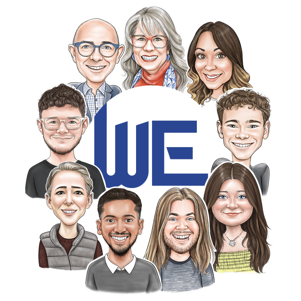 An illustration of the team at Website Energizers surrounding the WE logo