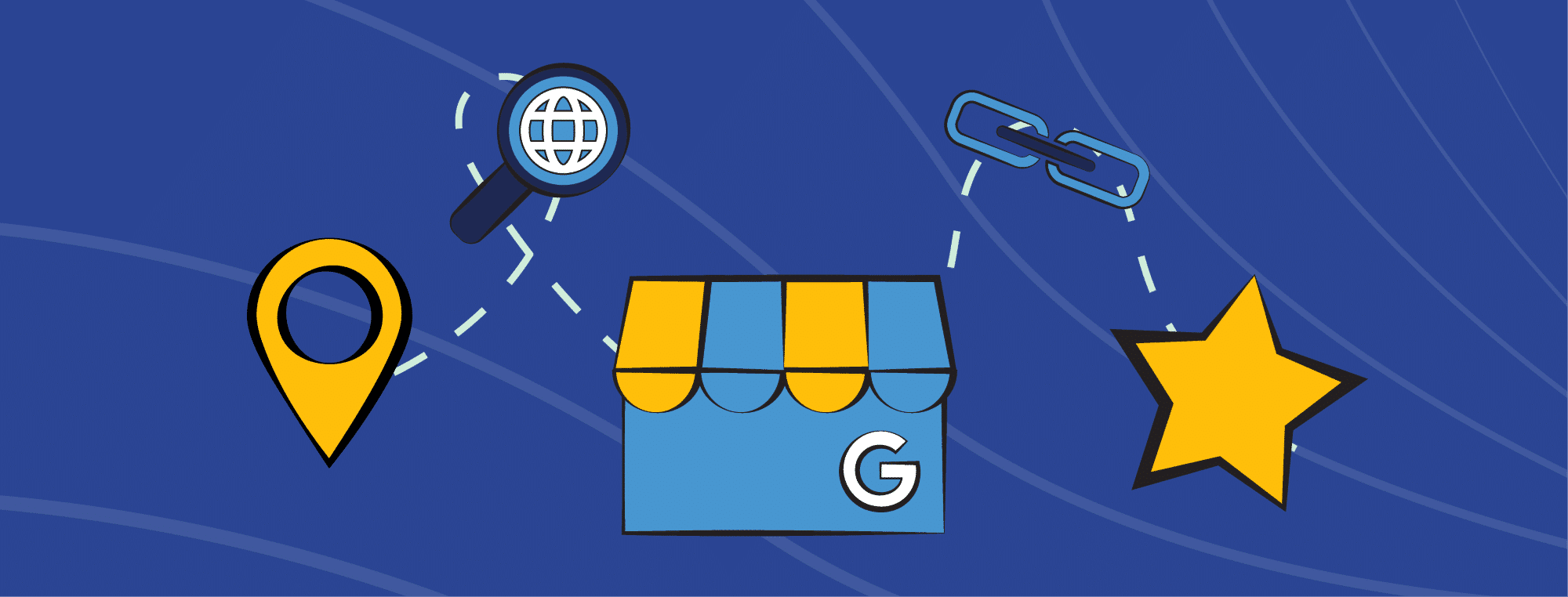 A location pin, magnifying glass, storefront, link, and star on a blue background.