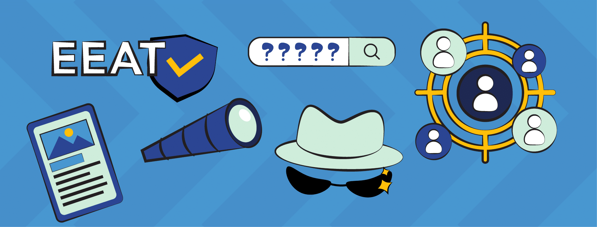 "Illustration showing EEAT, icons of trust, search, users, article, telescope, and detective hat on a blue background."