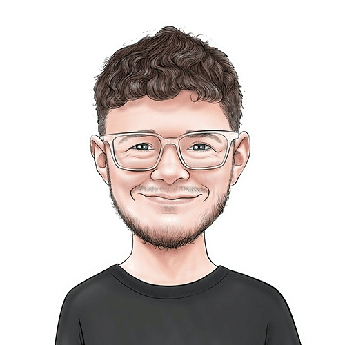 Cartoon of a smiling man with glasses and curly hair wearing a black shirt on a transparent background.