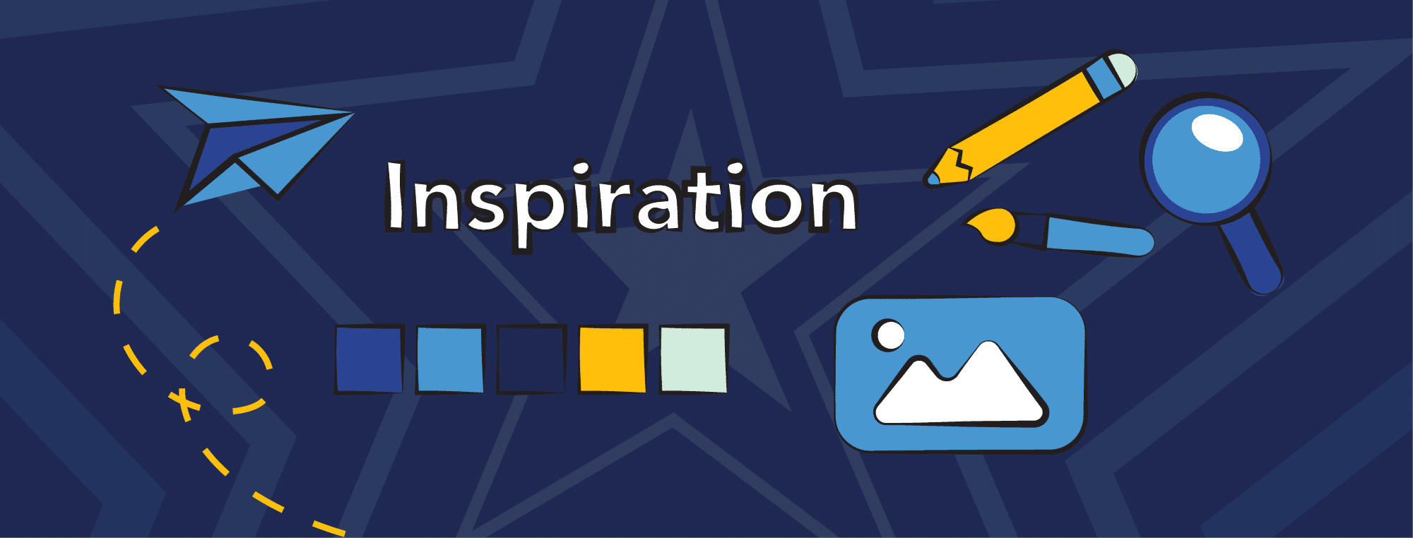 Blue inspiration banner with a paper airplane, pencil, magnifying glass, and color blocks.
