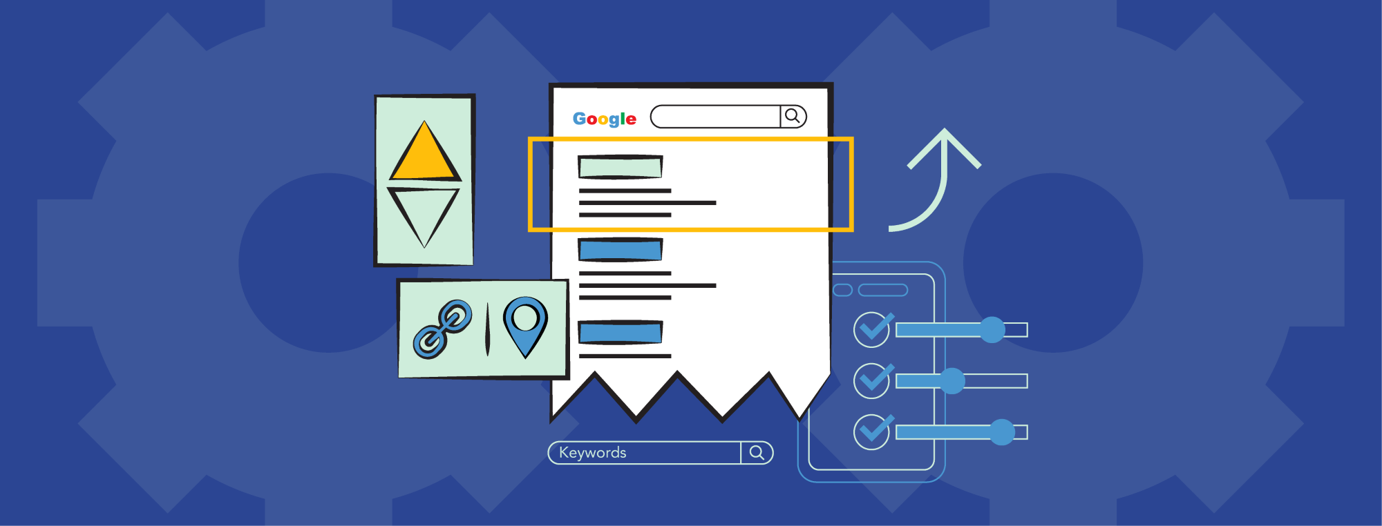 Google search results with local link and keyword icons on a blue background.