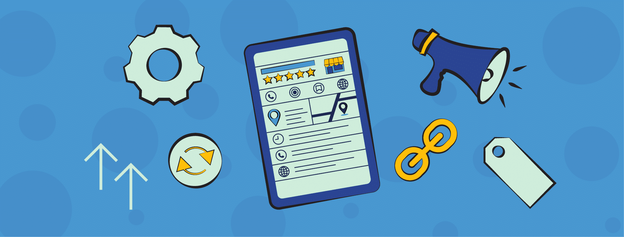 Illustration of a tablet with business icons like a gear, megaphone, link, and price tag on a blue background.