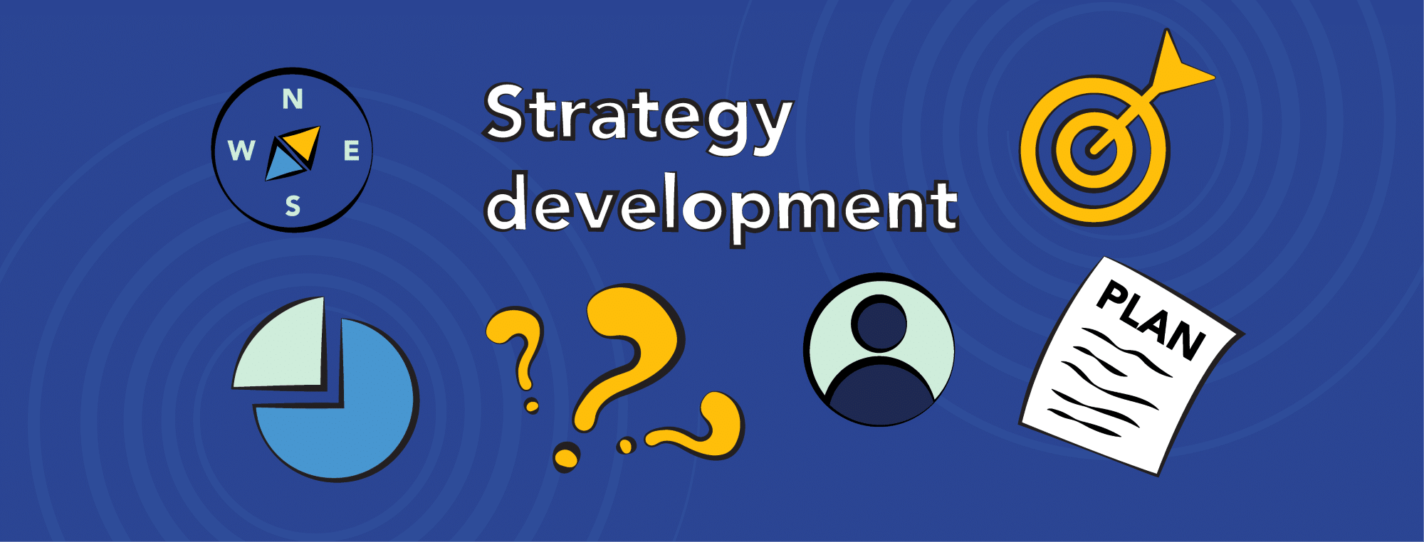 Strategy development text with icons: compass, target, pie chart, questions, user, and a plan document.