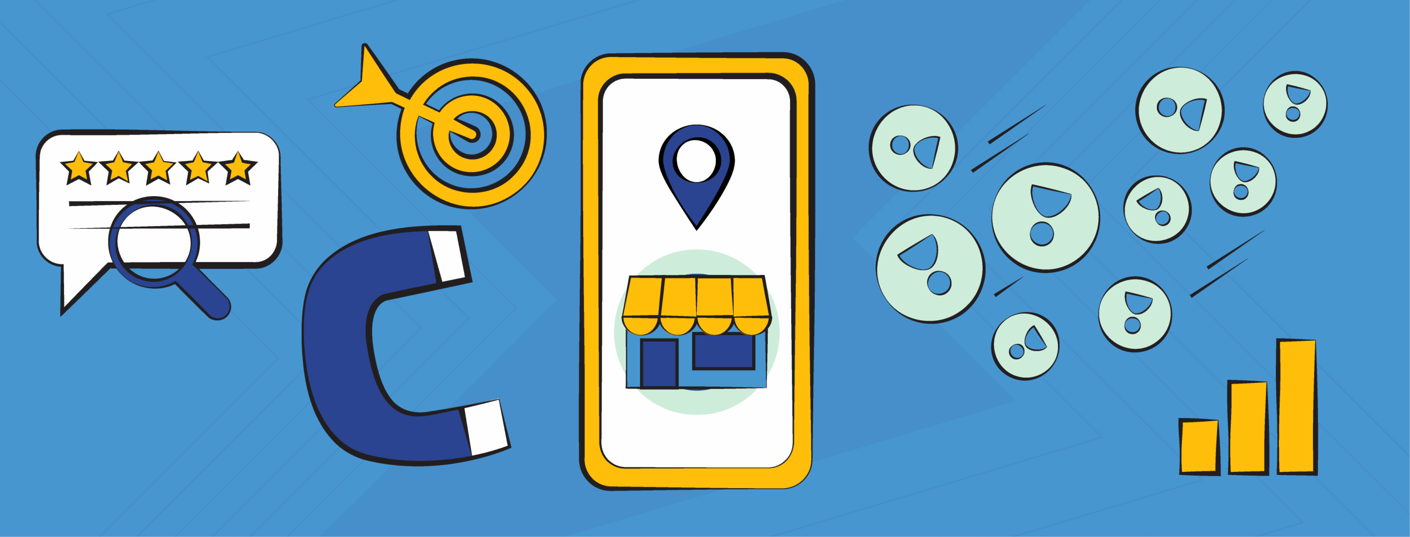 Icons representing local SEO, including reviews, a location pin, target, magnet, and growth chart.